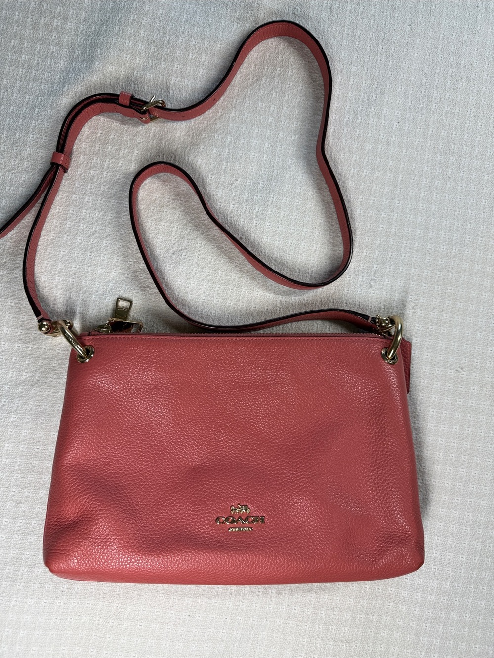 Coach Mia crossbody bag double zipper compartments pink with gold hardware